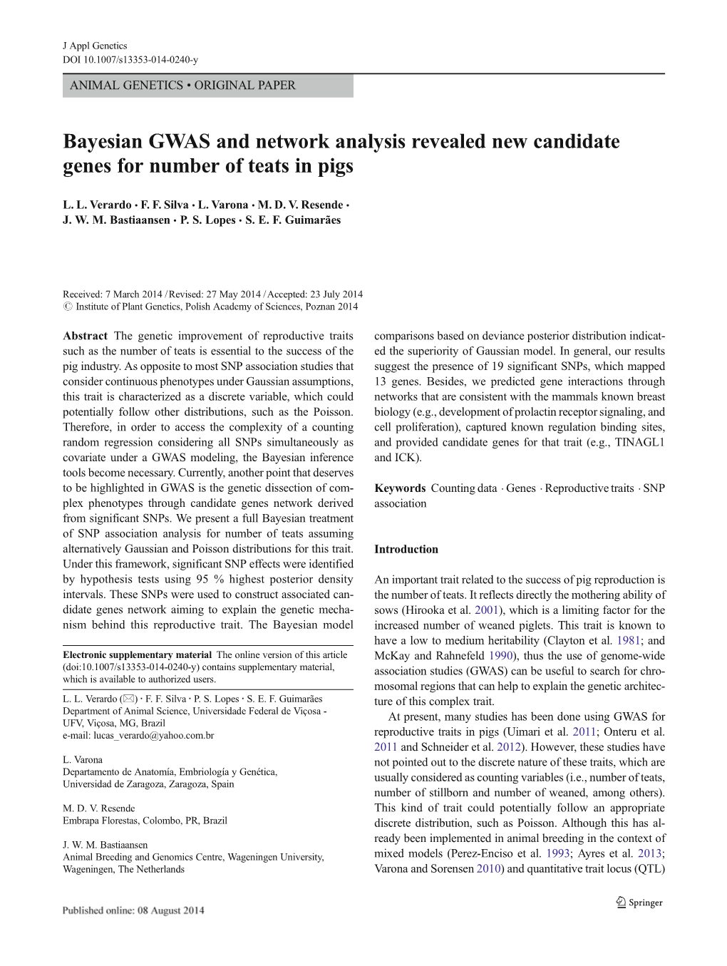 Bayesian GWAS and Network Analysis Revealed New Candidate Genes for Number of Teats in Pigs