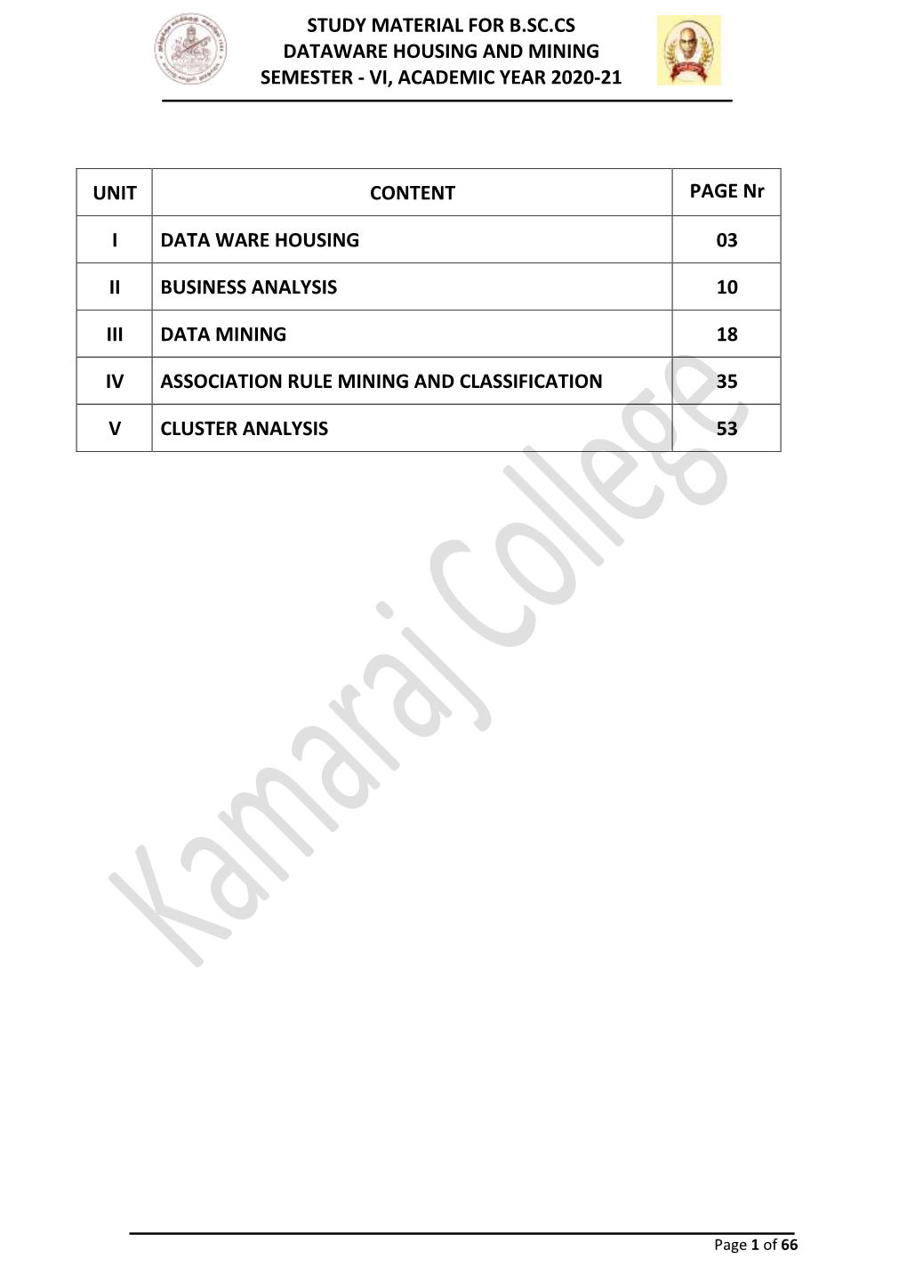 Study Material for B.Sc.Cs Dataware Housing and Mining Semester - Vi, Academic Year 2020-21