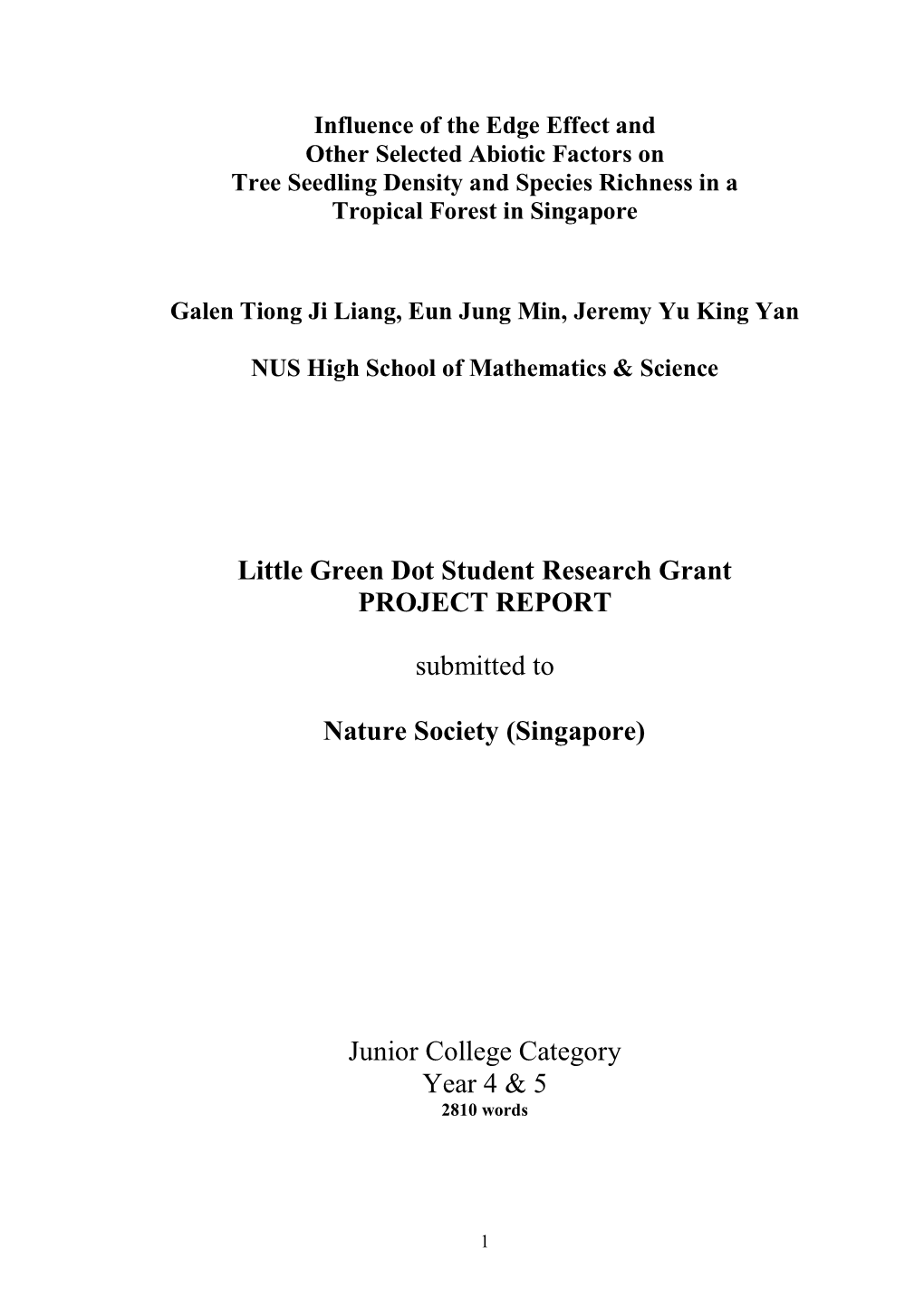 Influence of the Edge Effect and Other Selected Abiotic Factors on Tree Seedling Density and Species Richness in a Tropical Forest in Singapore