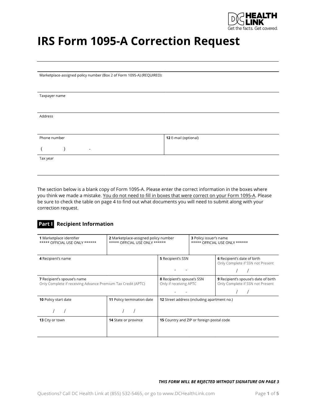 IRS Form 1095-A Correction Request