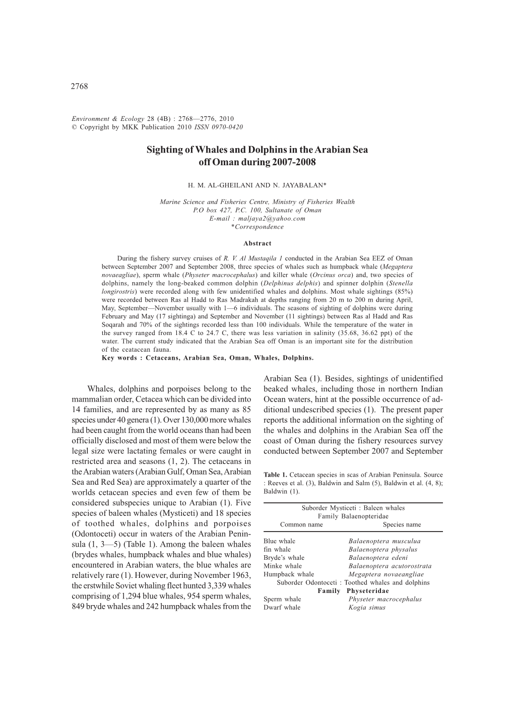 Sighting of Whales and Dolphins in the Arabian Sea Off Oman During 2007-2008