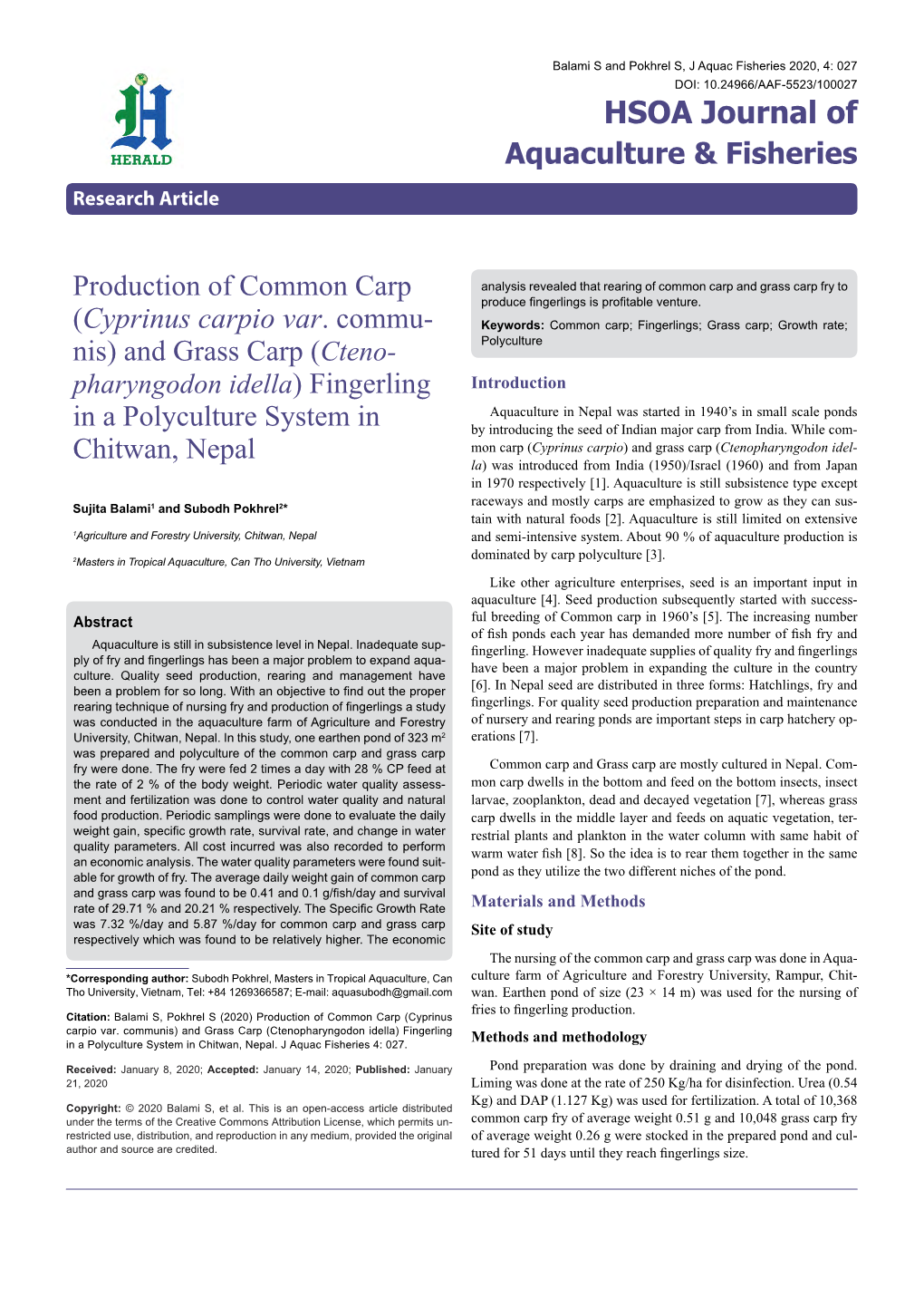 Production of Common Carp Nis) and Grass Carp (Cteno- in a Polyculture System in Chitwan, Nepal