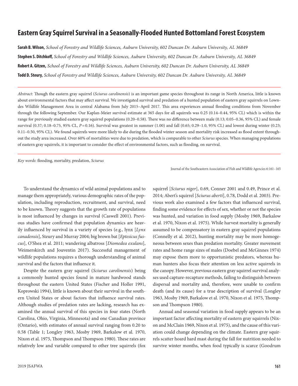 Eastern Gray Squirrel Survival in a Seasonally-Flooded Hunted Bottomland Forest Ecosystem