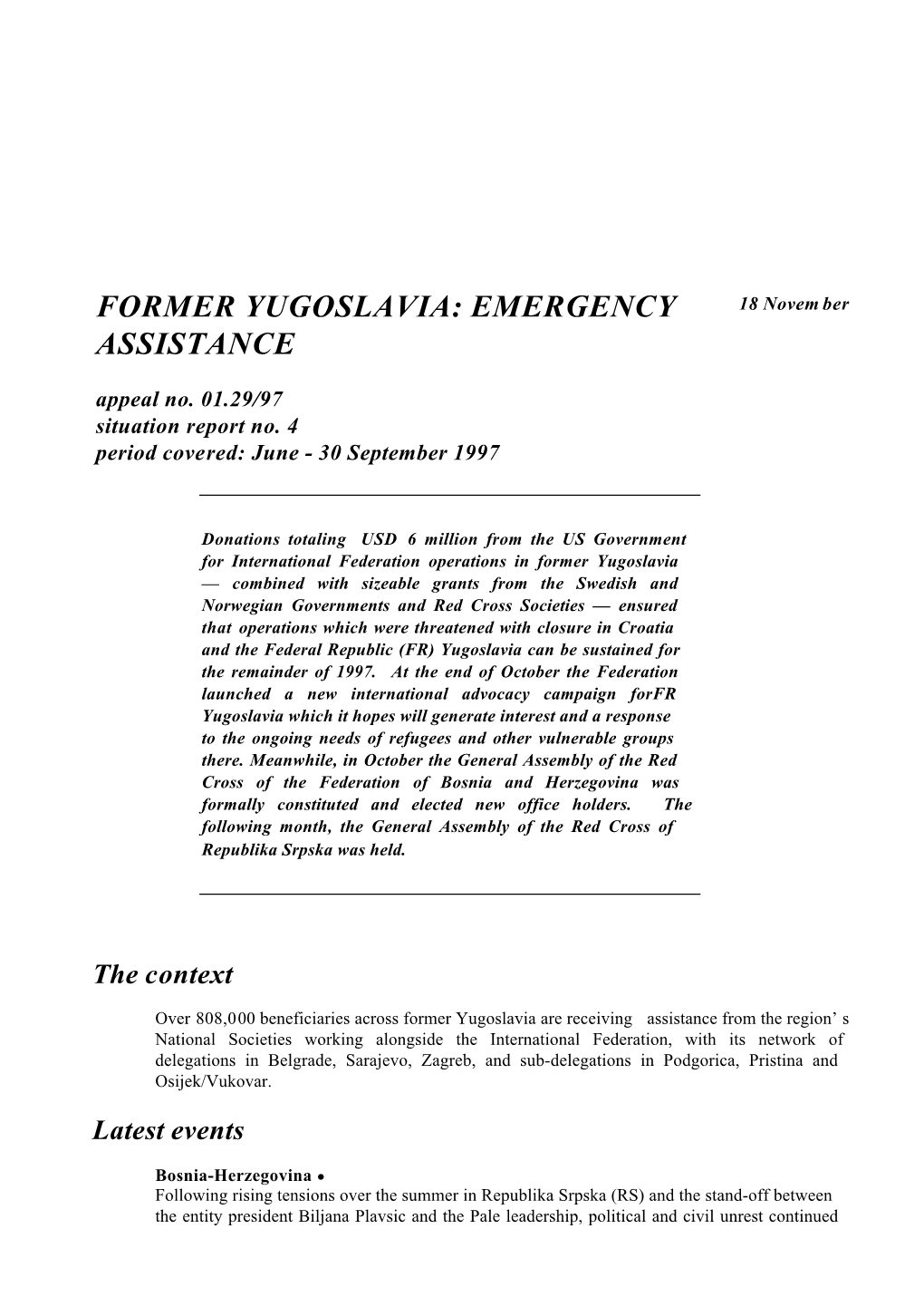 Former Yugoslavia: Emergency Assistance