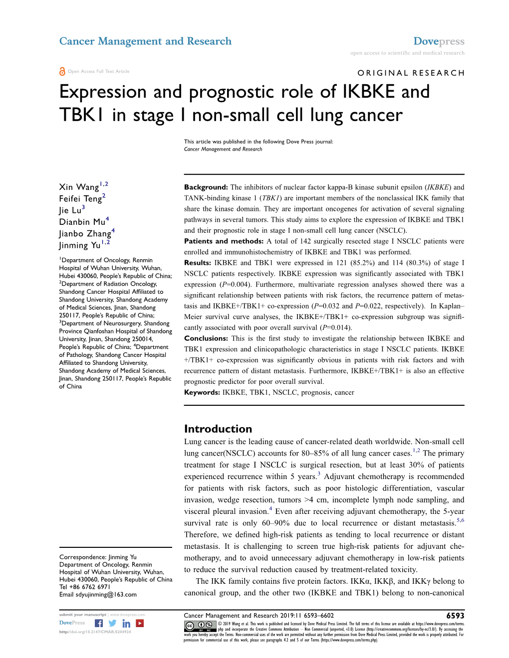 Expression and Prognostic Role of IKBKE and TBK1 in Stage I Non-Small Cell Lung Cancer