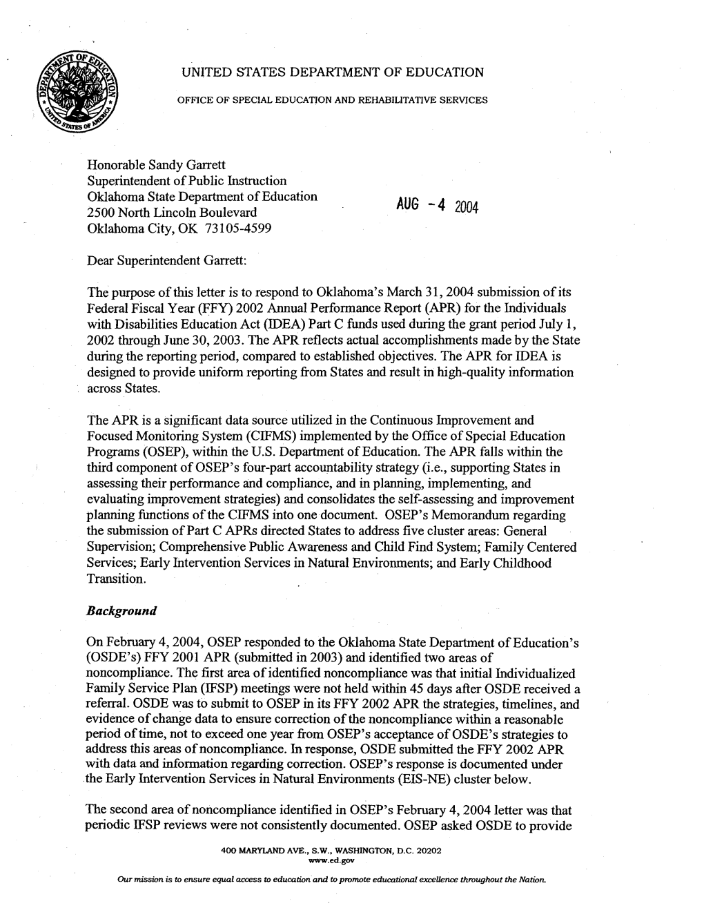 Oklahoma Part C APR Letter, 2002-2003 (PDF)