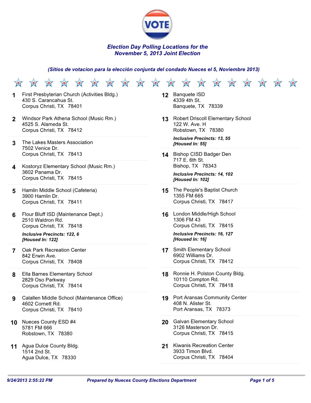 Election Day Polling Locations for the November 5, 2013 Joint Election