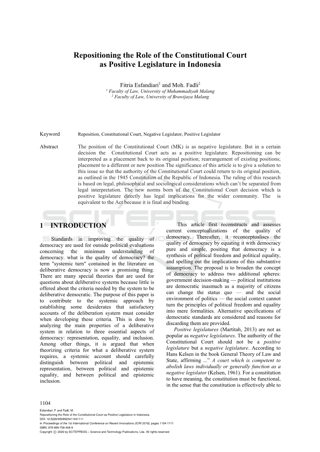 Repositioning the Role of the Constitutional Court As Positive Legislature in Indonesia