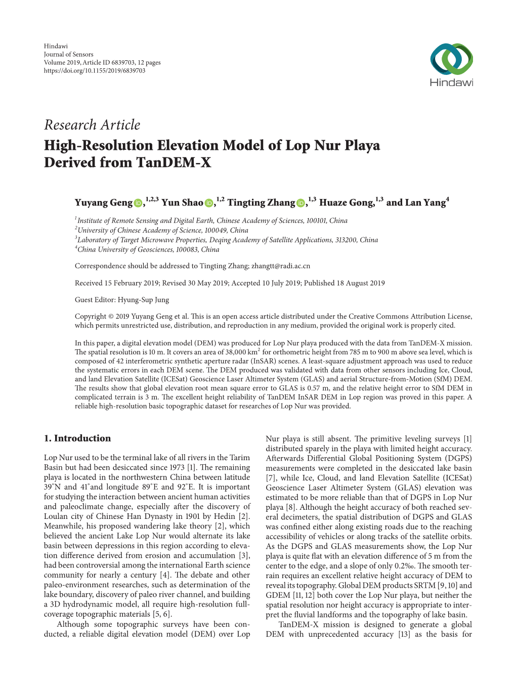 Research Article High-Resolution Elevation Model of Lop Nur Playa Derived from Tandem-X