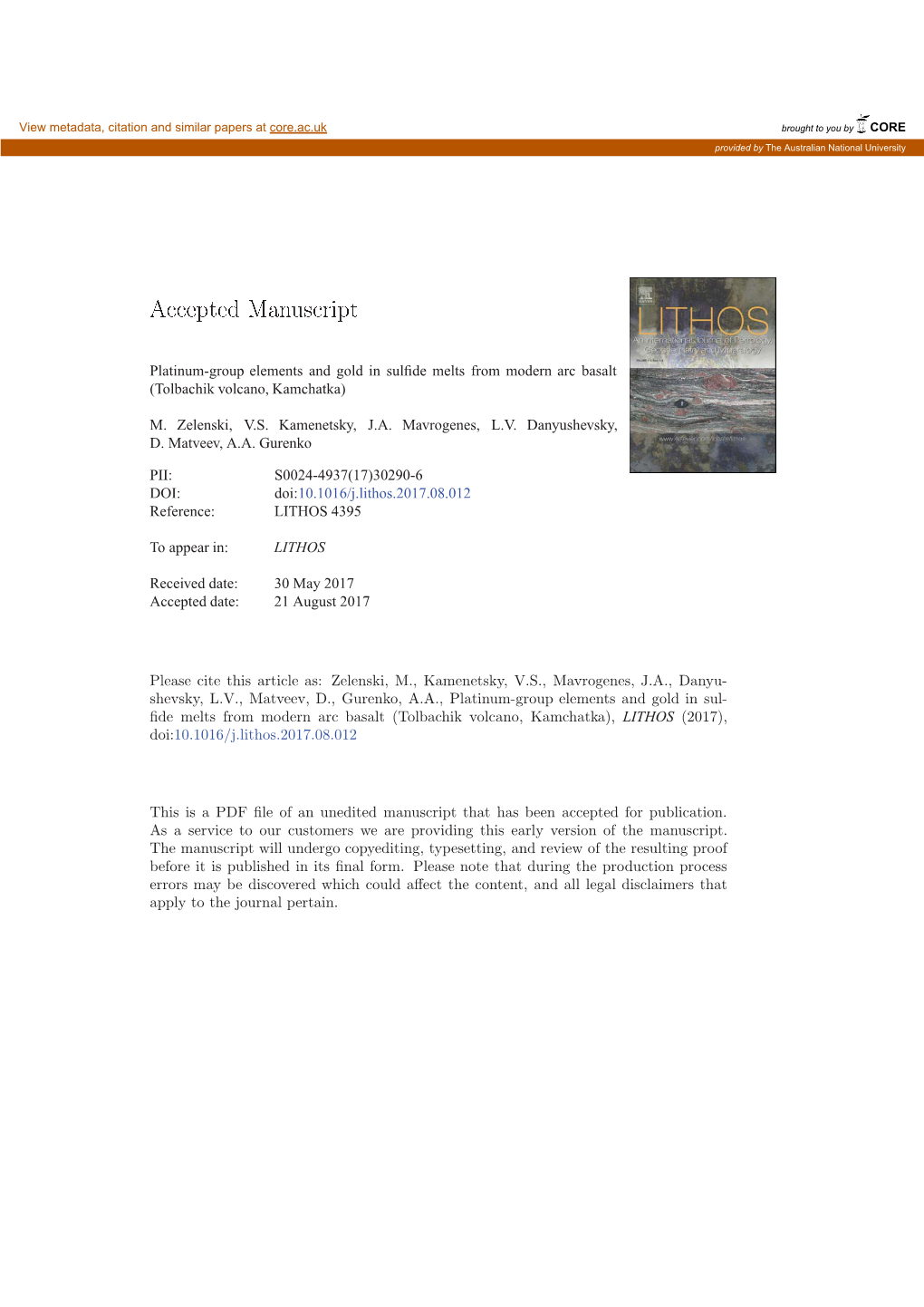 Platinum-Group Elements and Gold in Sulfide Melts from Modern Arc Basalt (Tolbachik Volcano, Kamchatka)