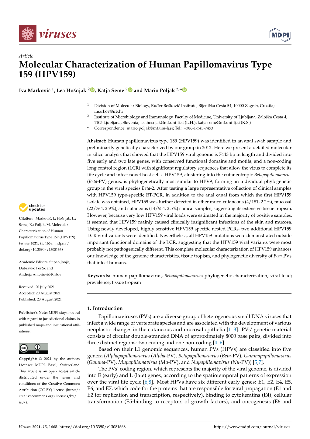 Molecular Characterization of Human Papillomavirus Type 159 (HPV159)