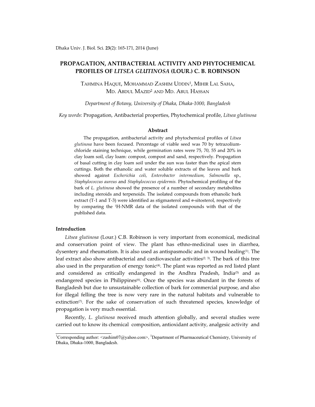 Propagation, Antibacterial Activity and Phytochemical Profiles of Litsea Glutinosa (Lour.) C