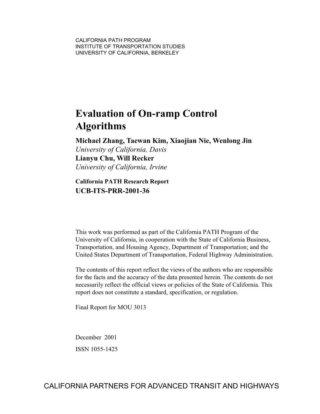 Evaluation of On-Ramp Control Algorithms