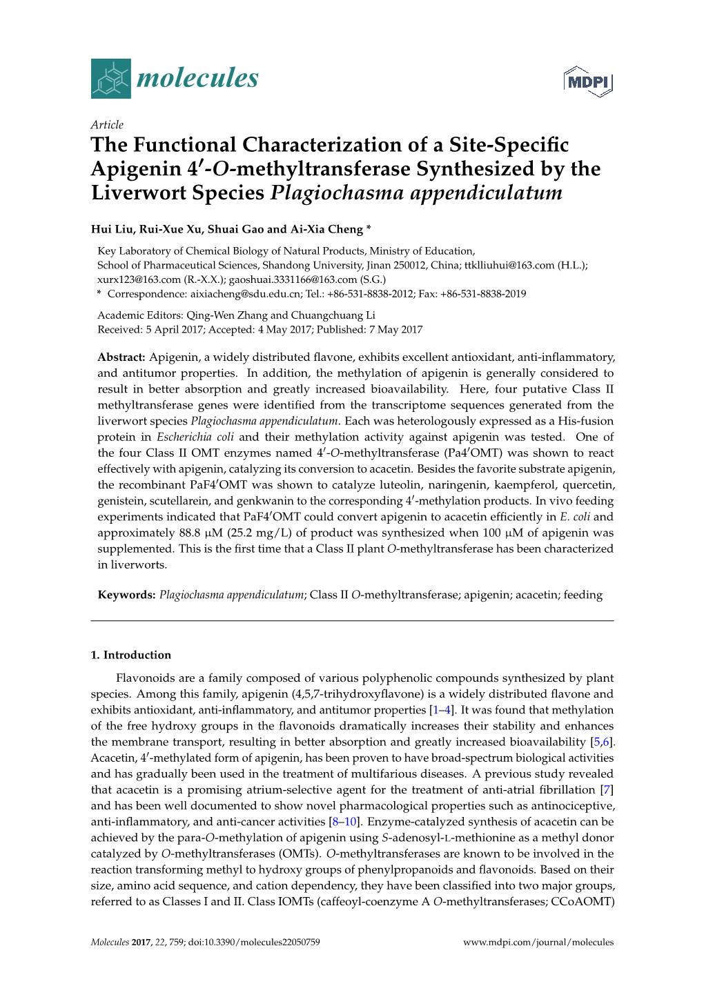 The Functional Characterization of a Site-Specific Apigenin 4