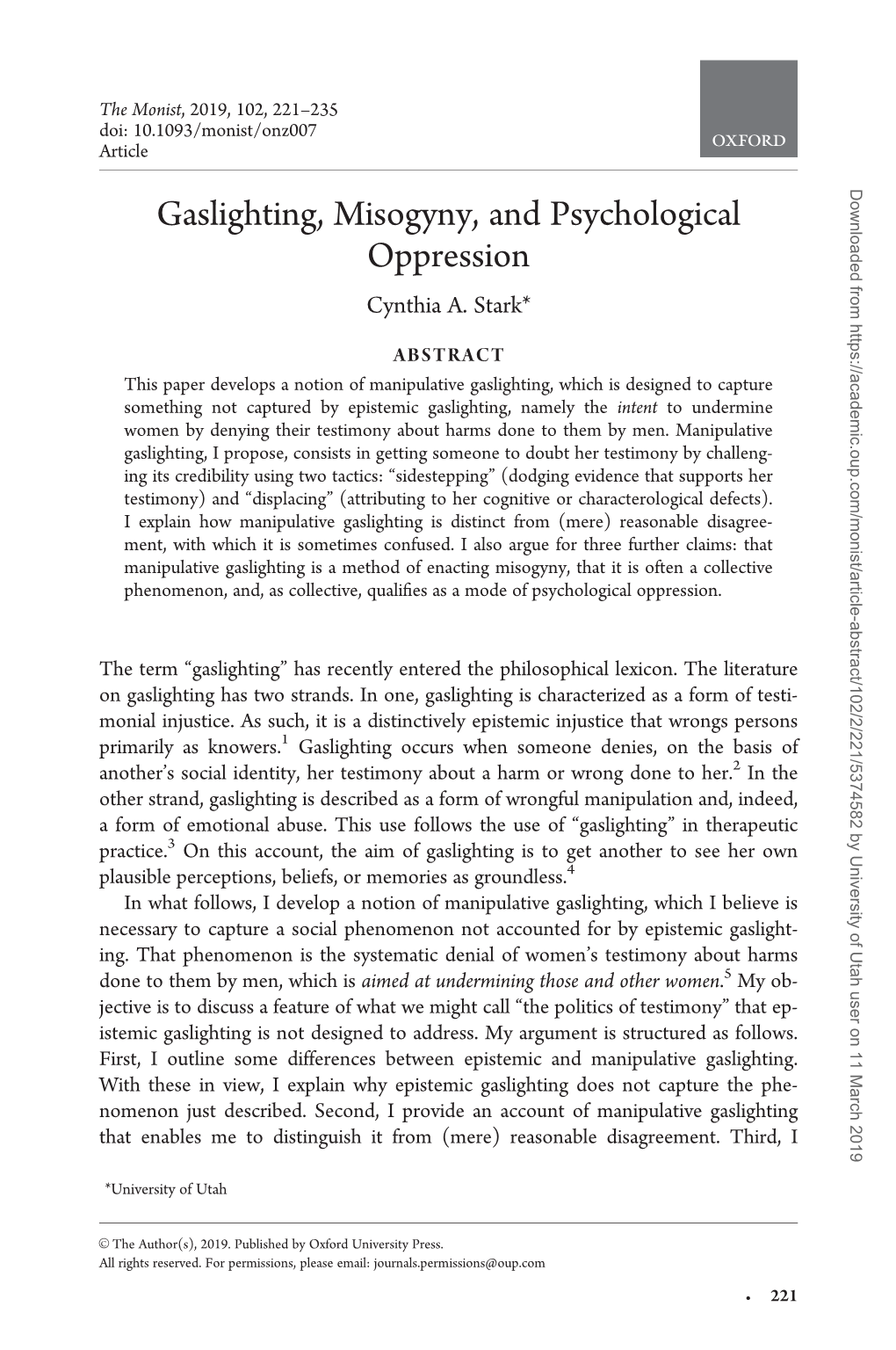 Gaslighting, Misogyny, and Psychological Oppression Cynthia A