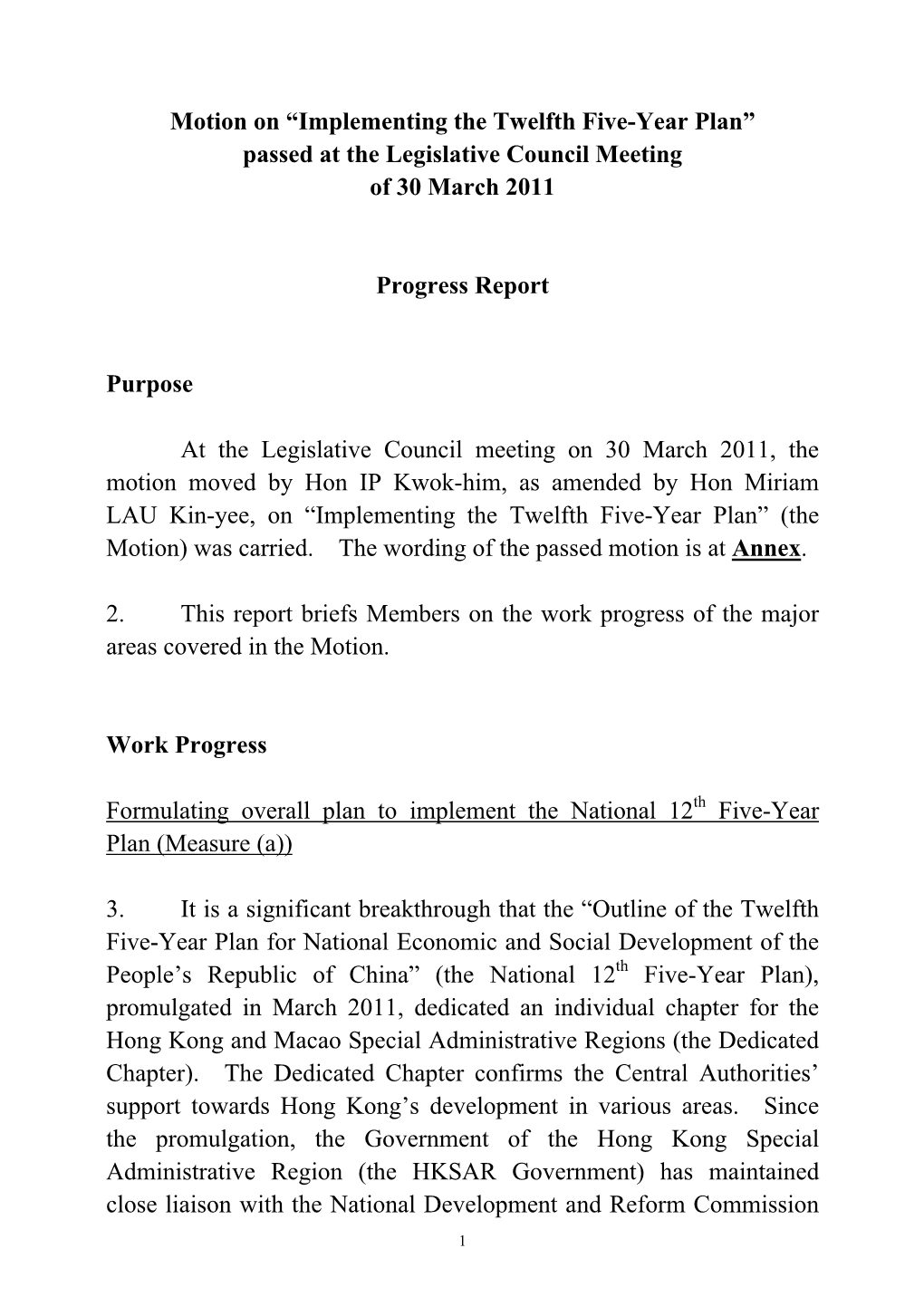 Motion on “Implementing the Twelfth Five-Year Plan” Passed at the Legislative Council Meeting of 30 March 2011