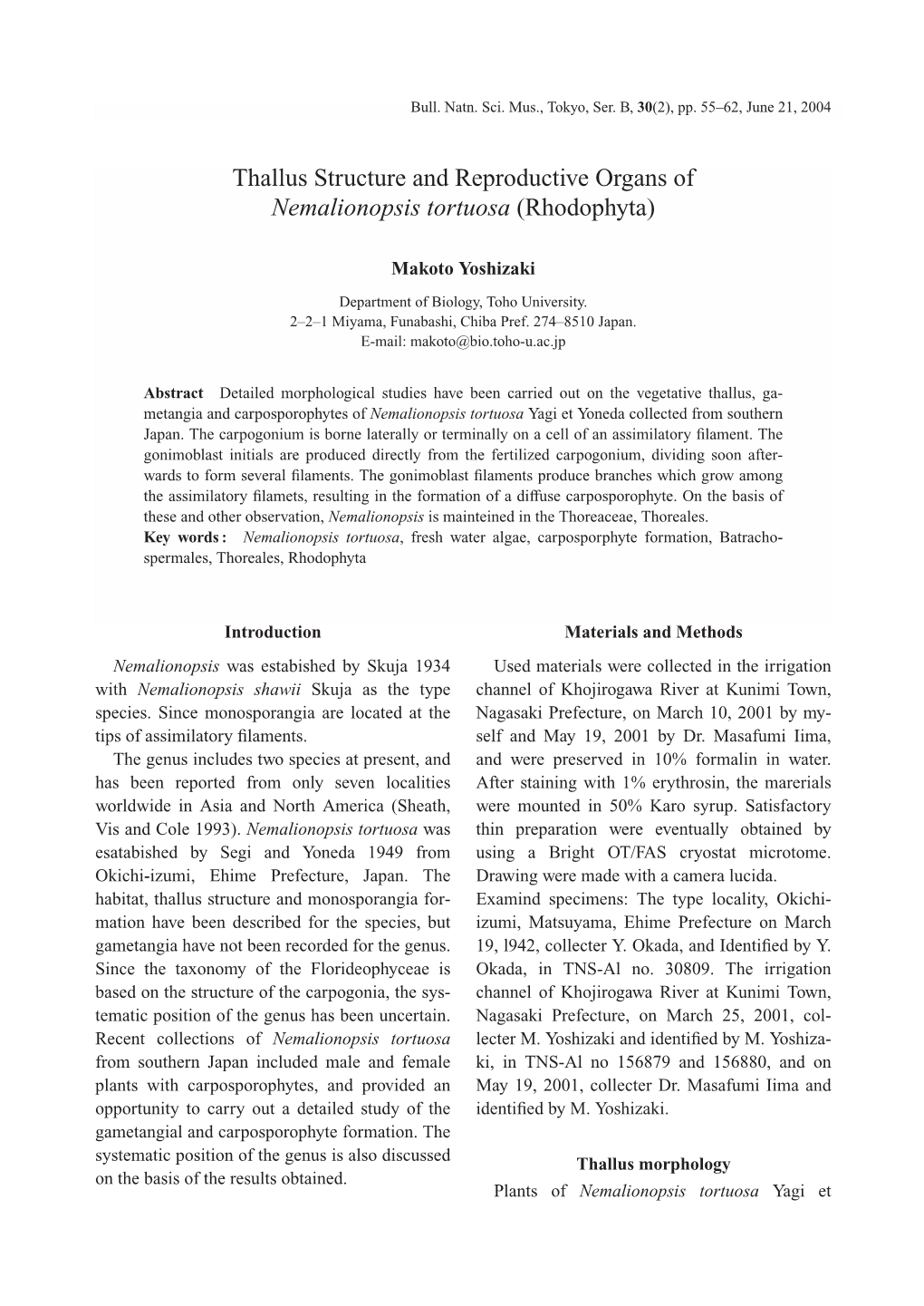 Thallus Structure and Reproductive Organs of Nemalionopsis Tortuosa (Rhodophyta)