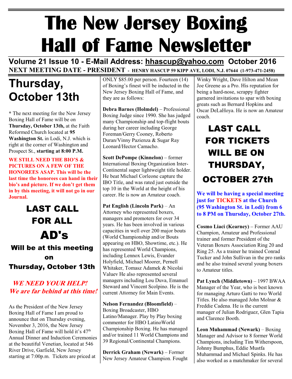 N.J. Boxing Hall of Fame Newsletter October 2016