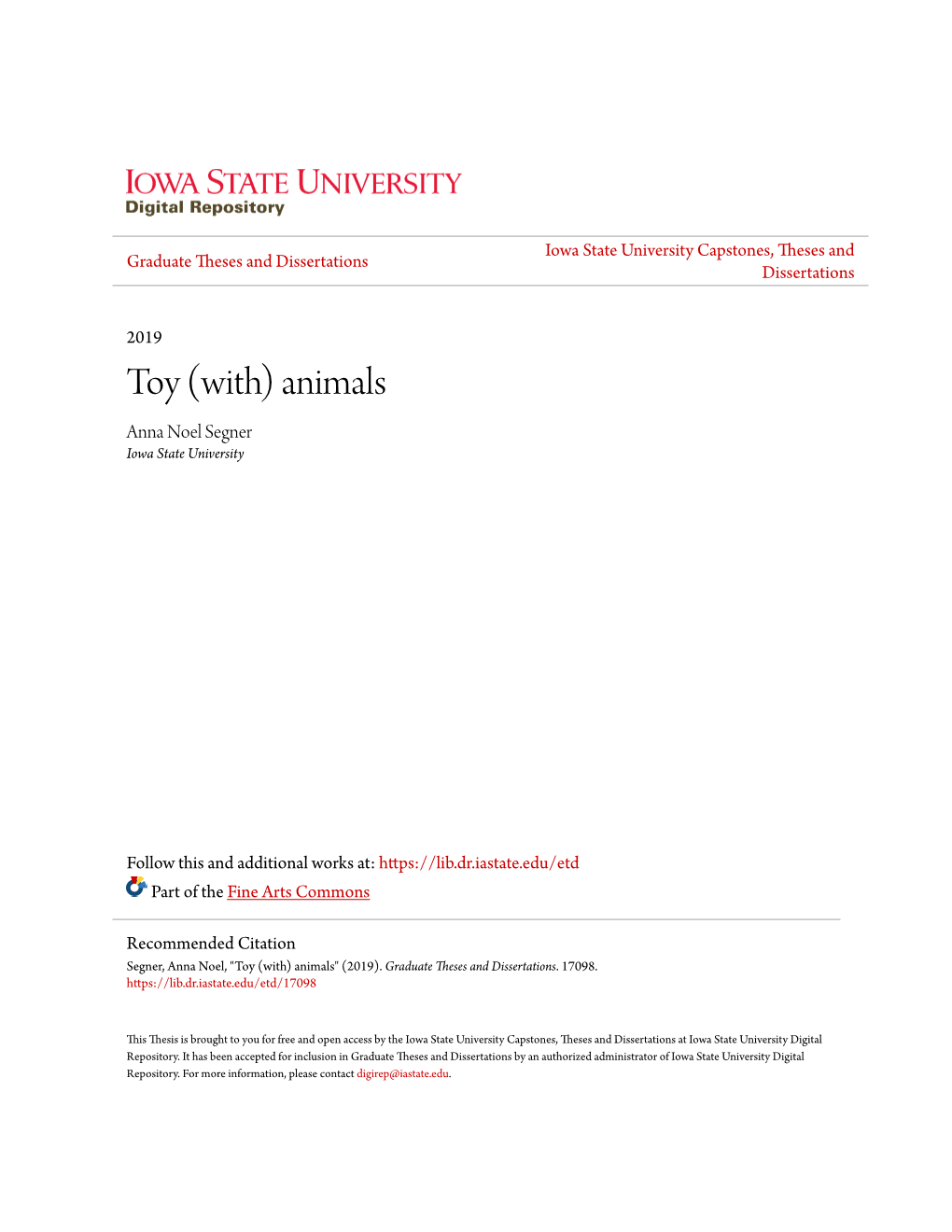 Toy (With) Animals Anna Noel Segner Iowa State University