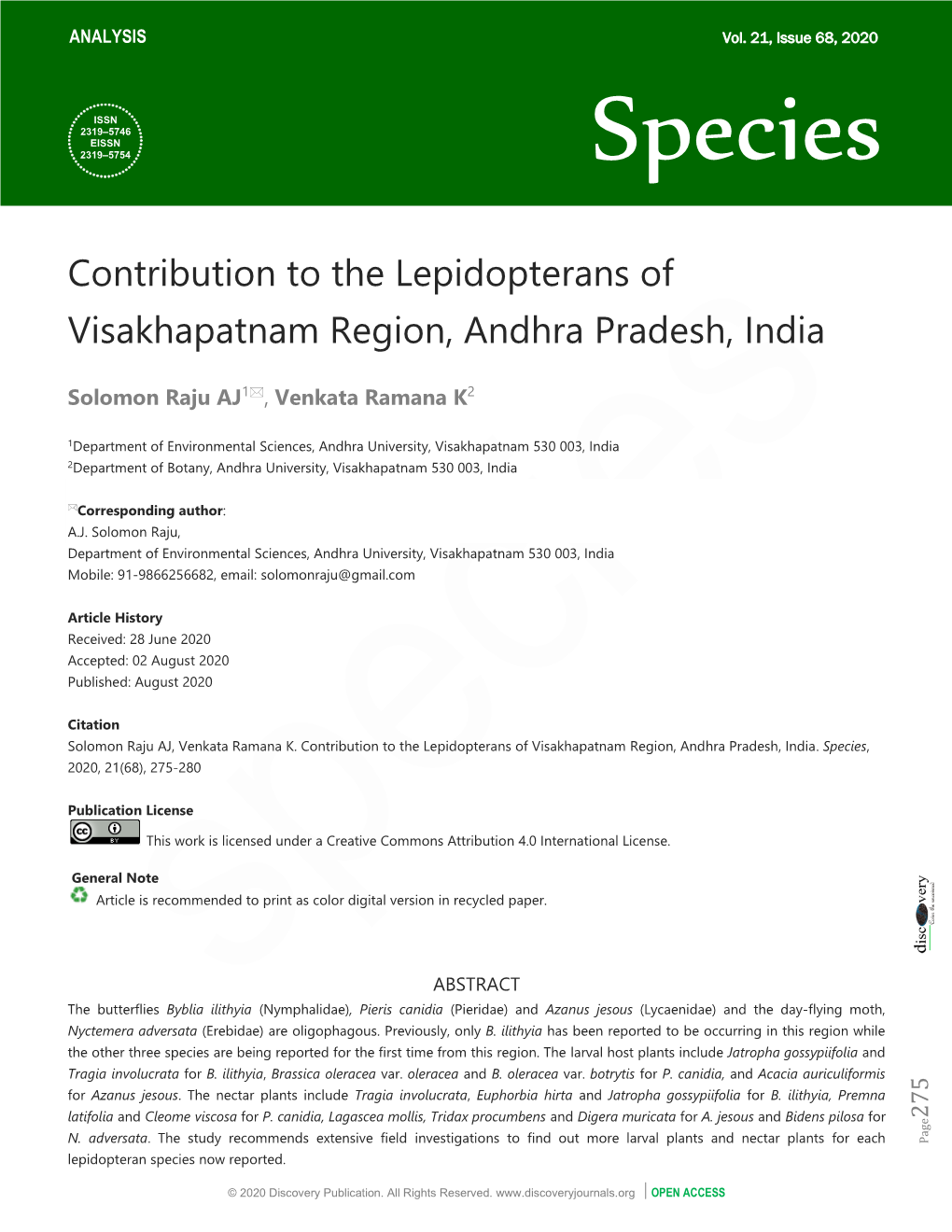 Contribution to the Lepidopterans of Visakhapatnam Region, Andhra Pradesh, India