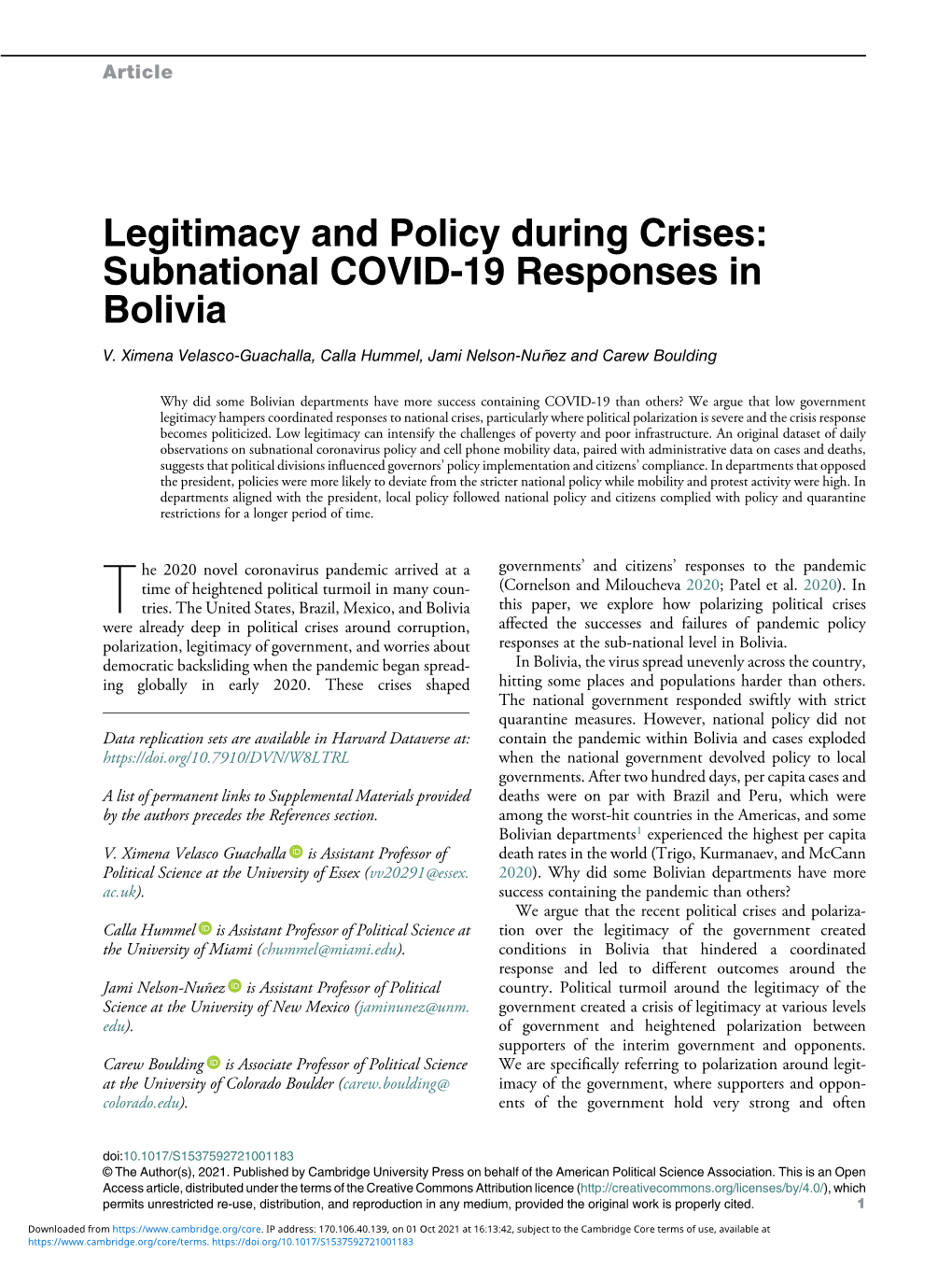 Legitimacy and Policy During Crises: Subnational COVID-19 Responses in Bolivia