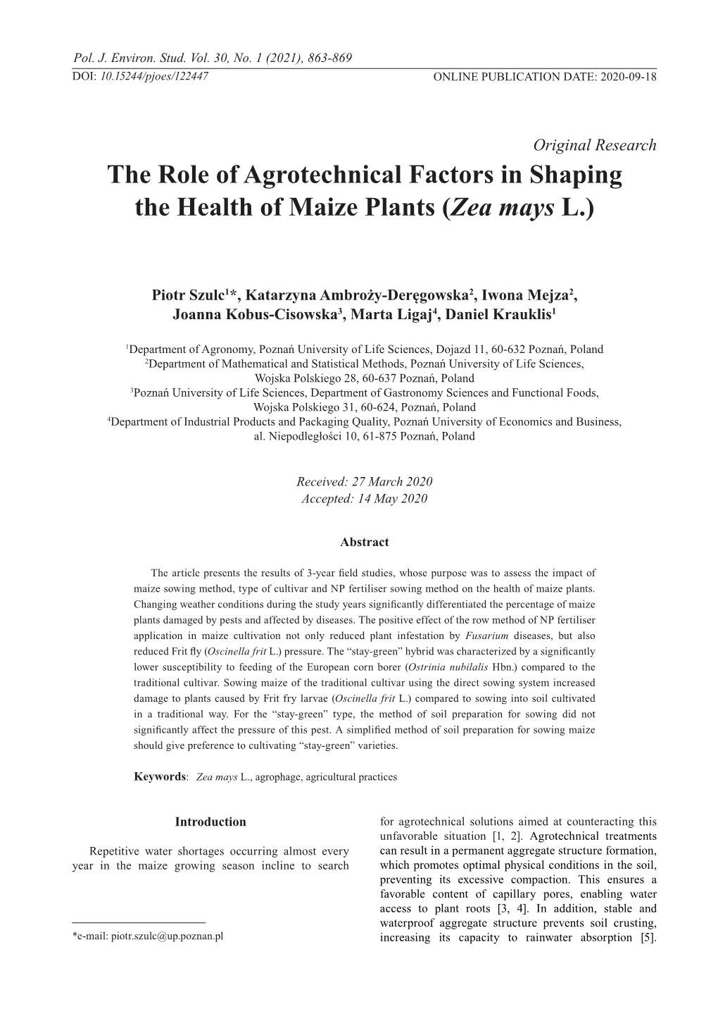 The Role of Agrotechnical Factors in Shaping the Health of Maize Plants (Zea Mays L.)