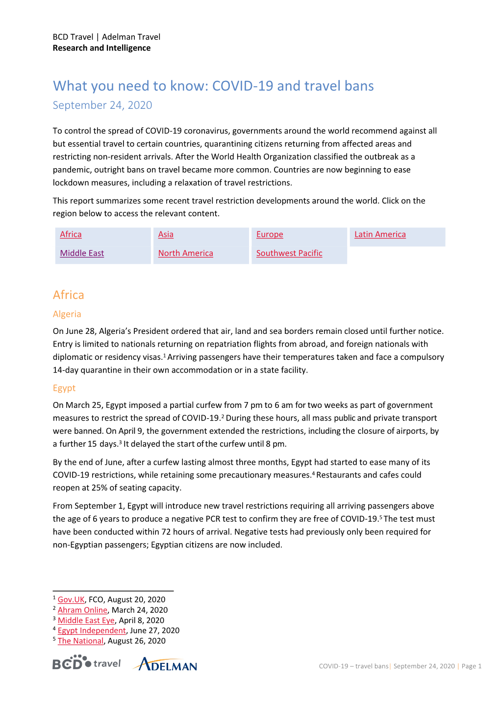 COVID-19 and Travel Bans September 24, 2020