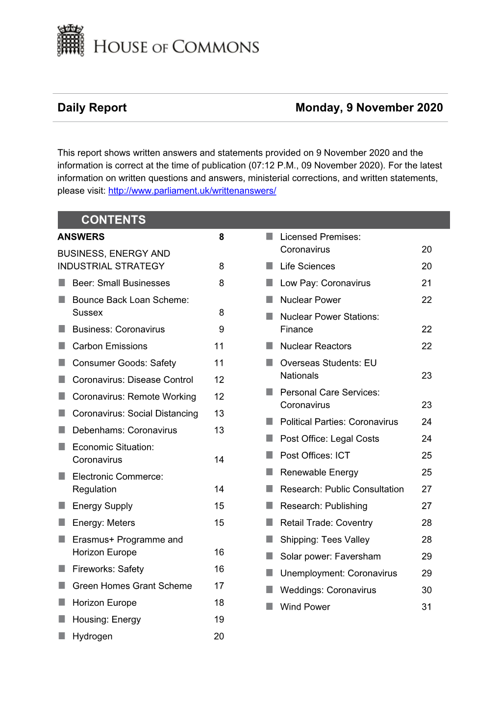 Daily Report Monday, 9 November 2020 CONTENTS