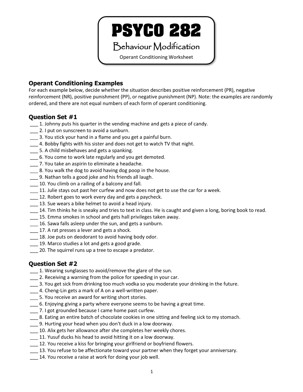 PSYCO 282: Operant Conditioning Worksheet