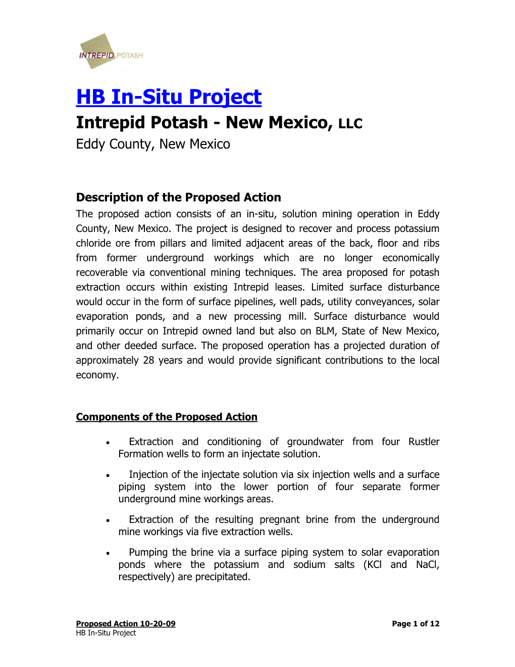 HB In-Situ Project Intrepid Potash - New Mexico, LLC Eddy County, New Mexico