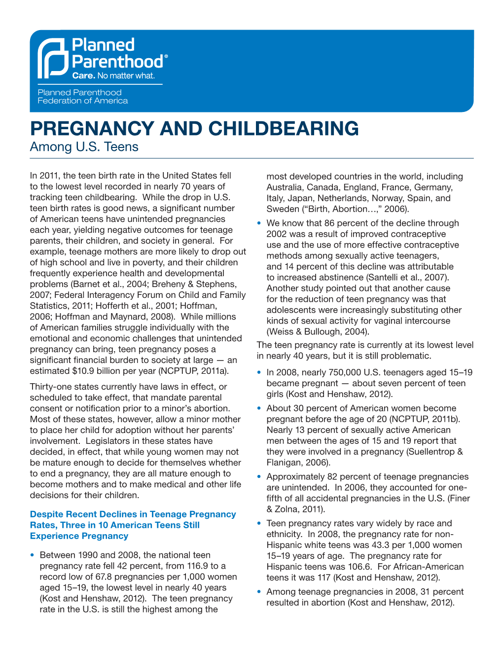 PREGNANCY and CHILDBEARING Among U.S