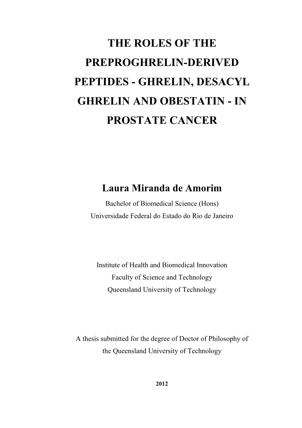 Ghrelin, Desacyl Ghrelin and Obestatin - in Prostate Cancer