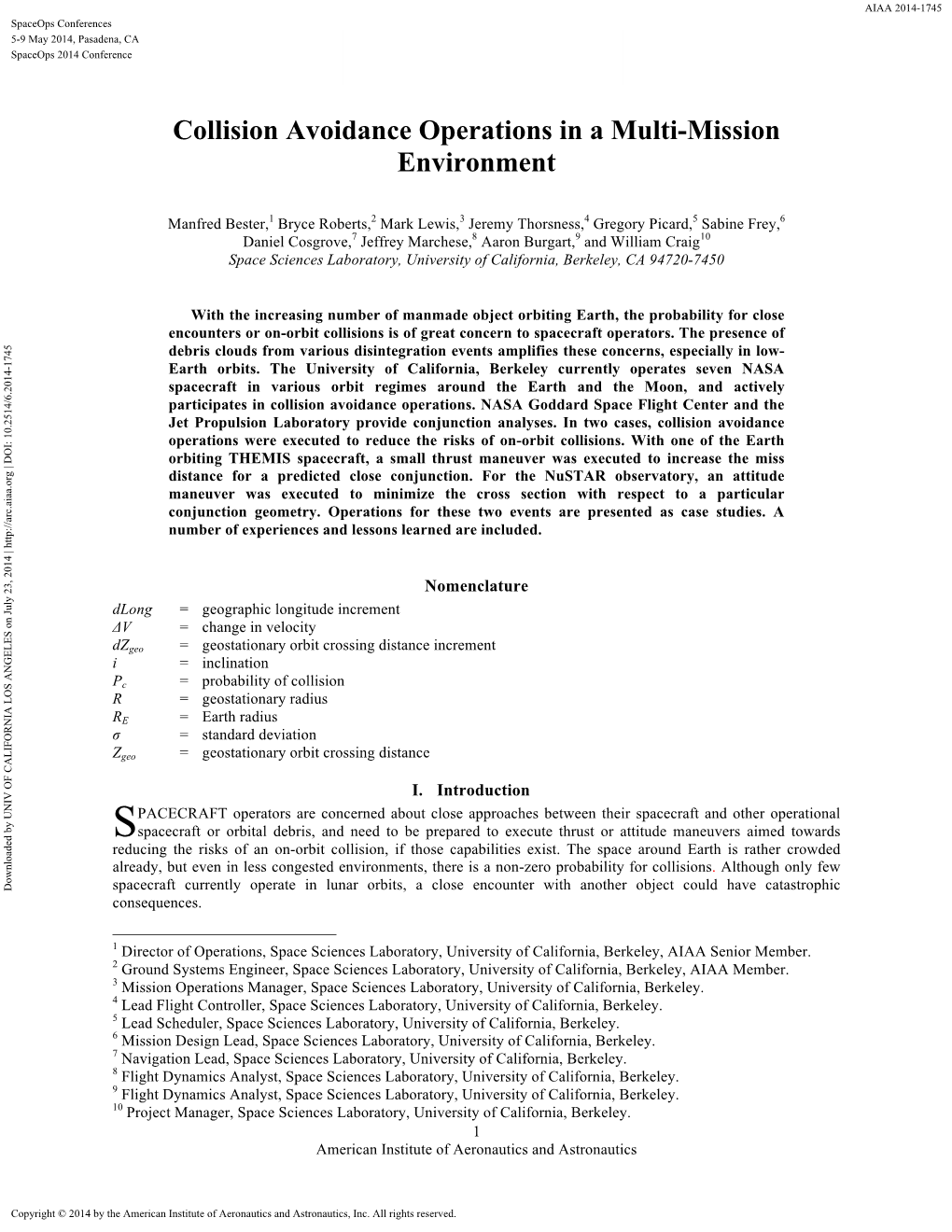 Collision Avoidance Operations in a Multi-Mission Environment