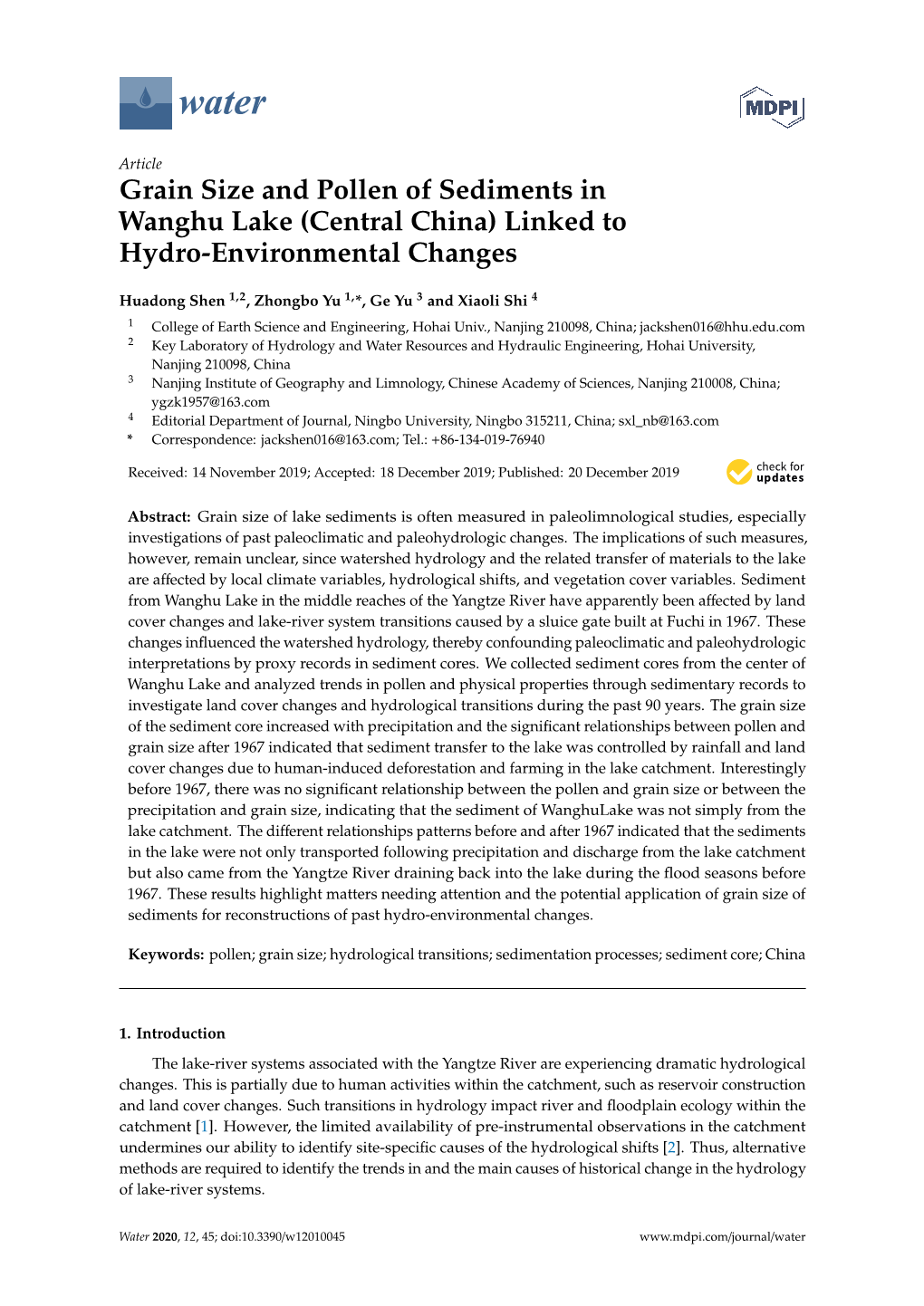 Grain Size and Pollen of Sediments in Wanghu Lake (Central China) Linked to Hydro-Environmental Changes