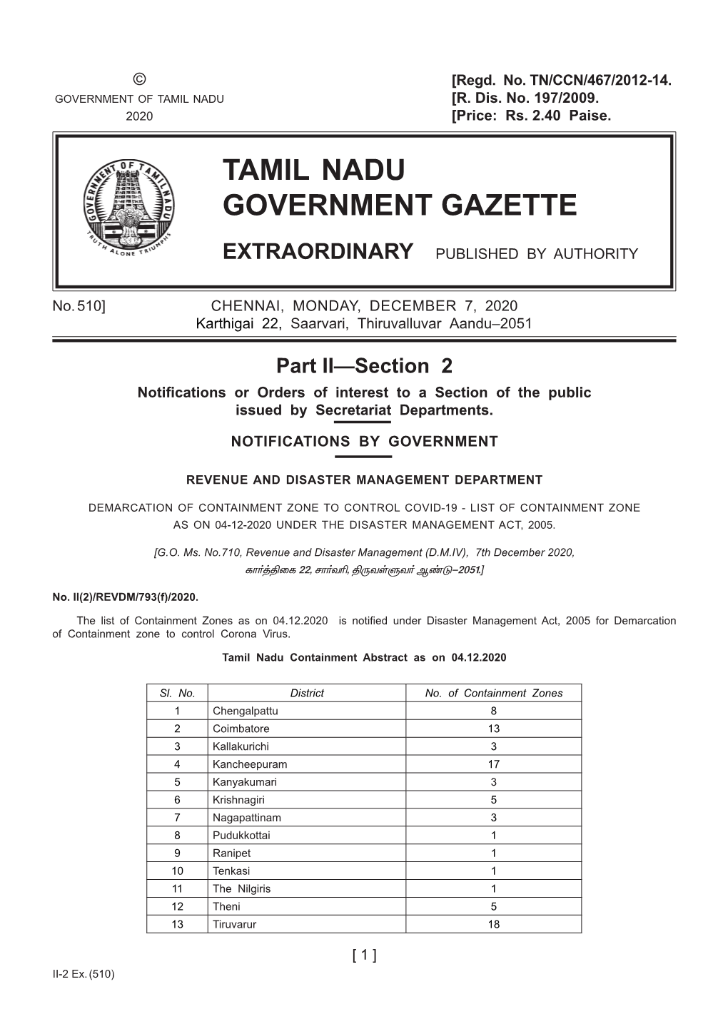 510] CHENNAI, MONDAY, DECEMBER 7, 2020 Karthigai 22, Saarvari, Thiruvalluvar Aandu–2051