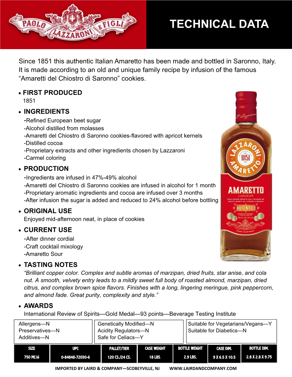 2016 Lazzaroni Amaretto Tech Sheet