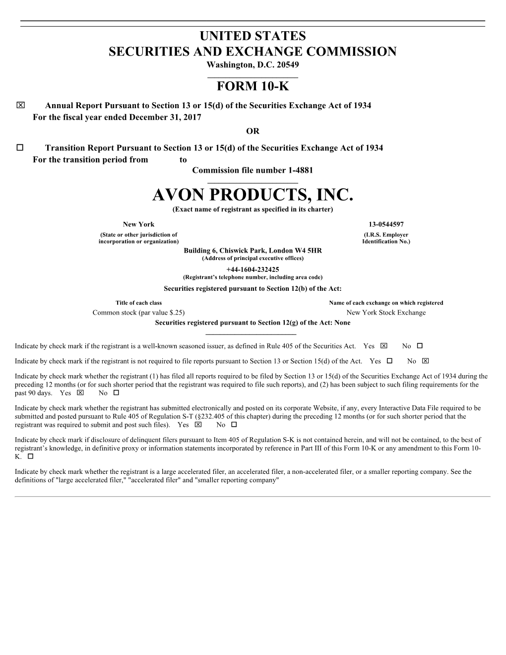 AVON PRODUCTS, INC. (Exact Name of Registrant As Specified in Its Charter)