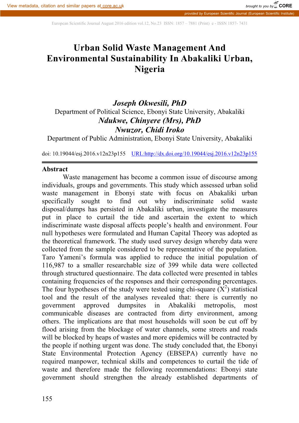 Urban Solid Waste Management and Environmental Sustainability in Abakaliki Urban, Nigeria