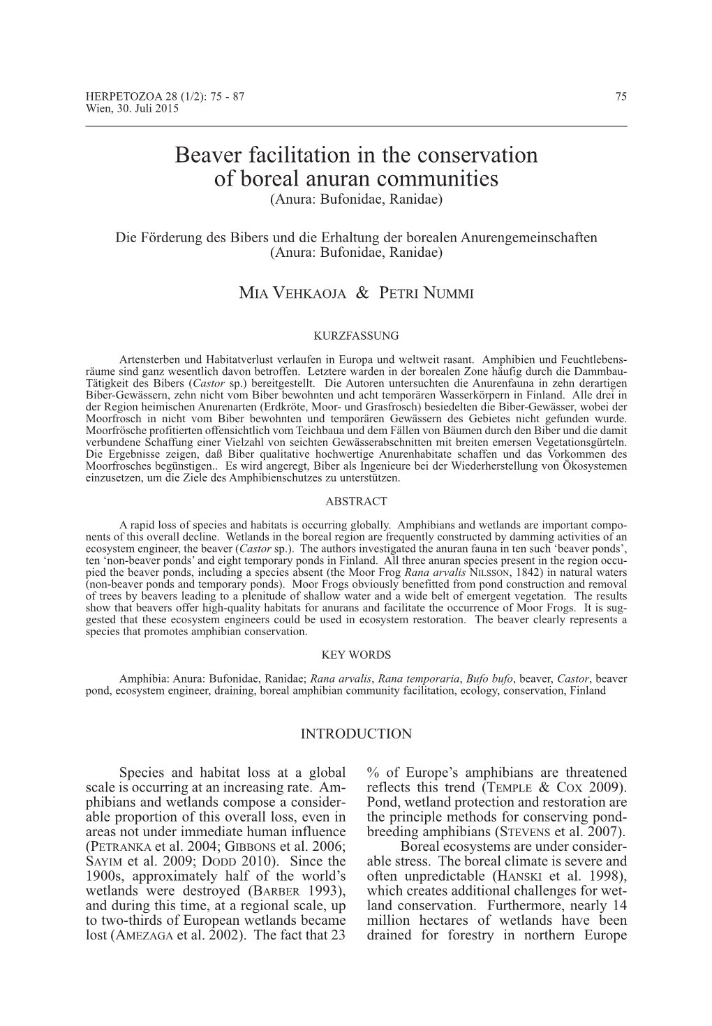 Beaver Facilitation in the Conservation of Boreal Anuran Communities (Anura: Bufonidae, Ranidae)