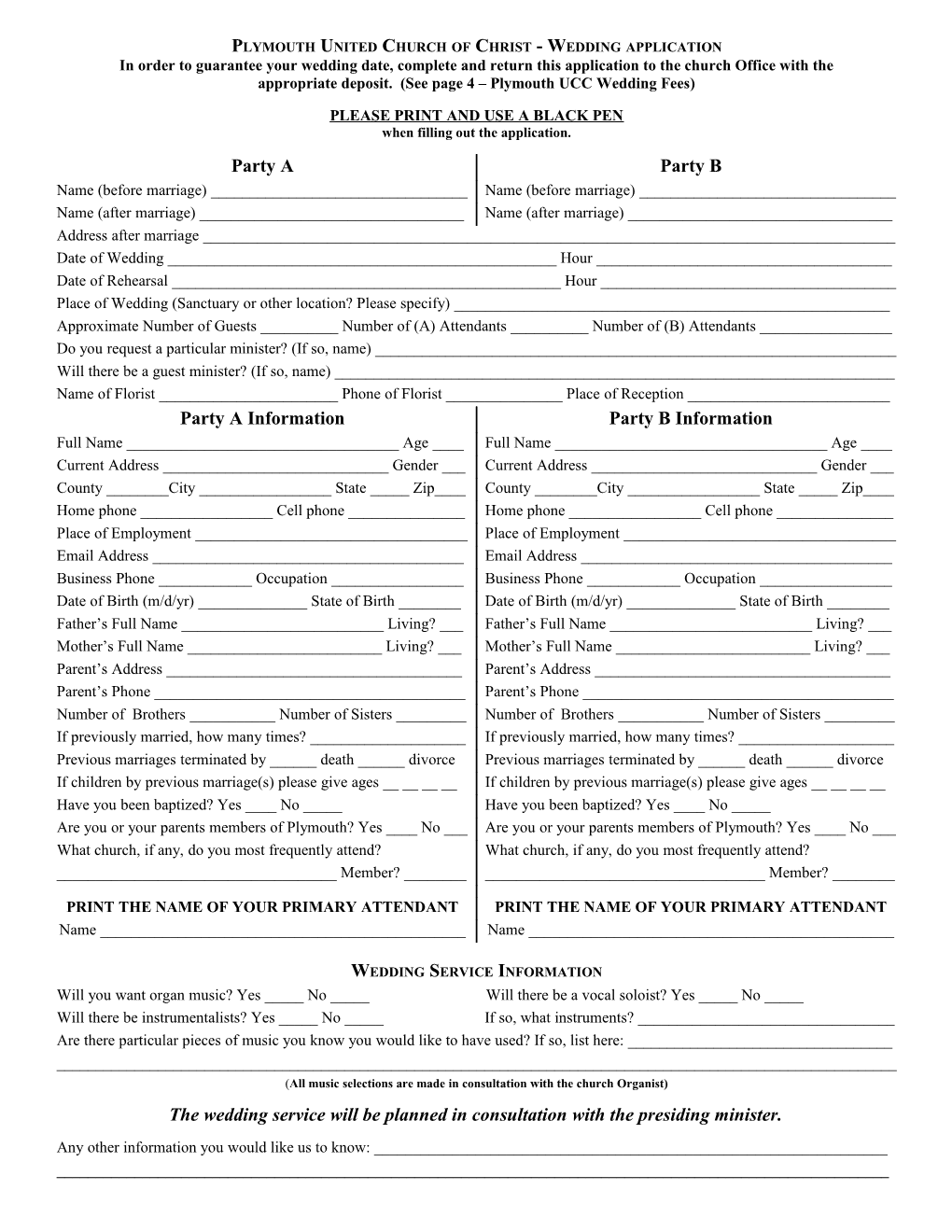 Plymouth United Church of Christ - Wedding Application