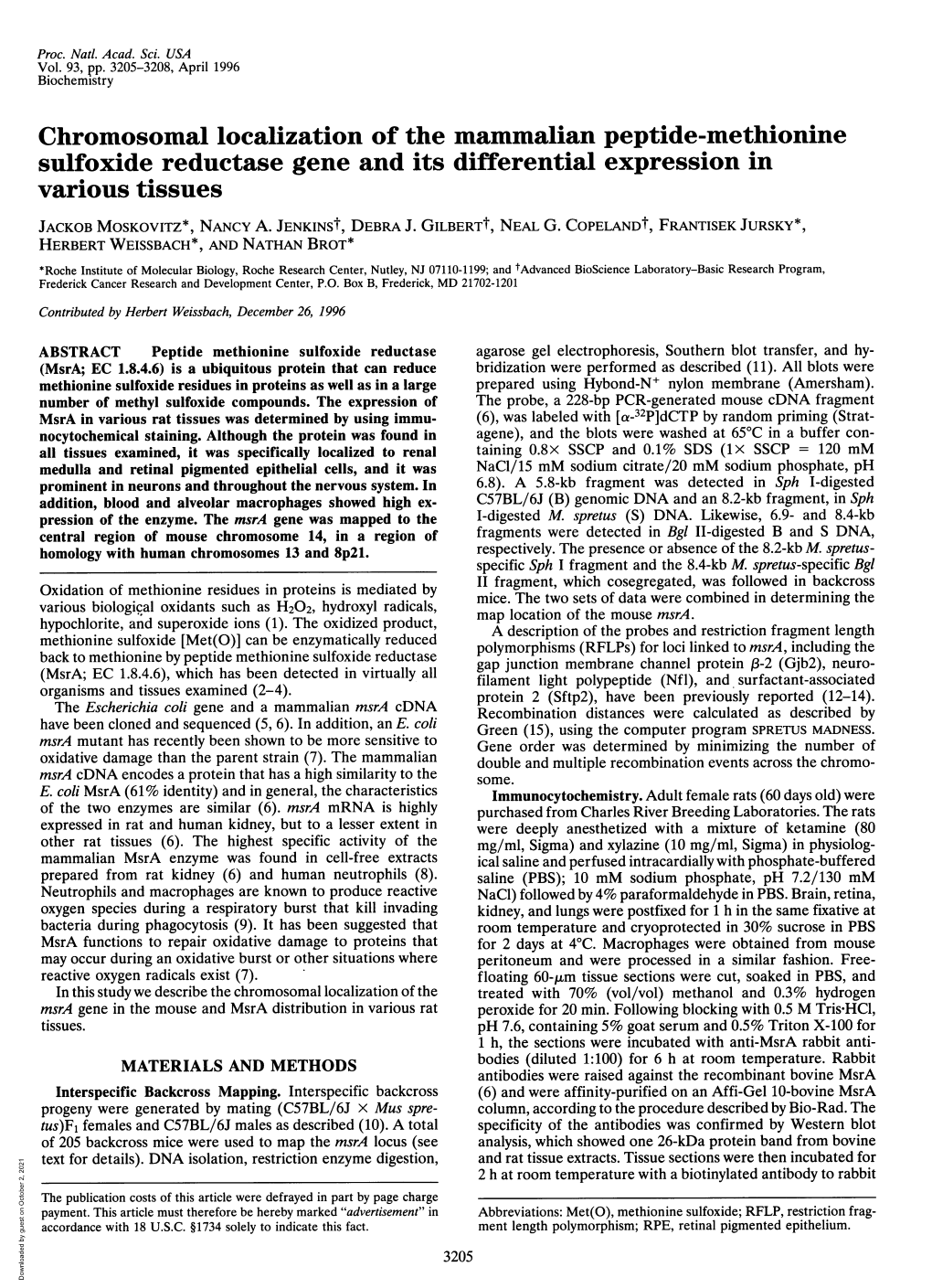 Chromosomal Localization of the Mammalian Peptide-Methionine Sulfoxide Reductase Gene and Its Differential Expression in Various Tissues JACKOB MOSKOVITZ*, NANCY A