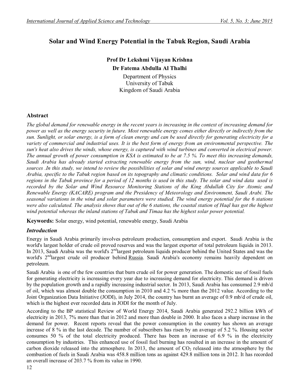 Solar and Wind Energy Potential in the Tabuk Region, Saudi Arabia