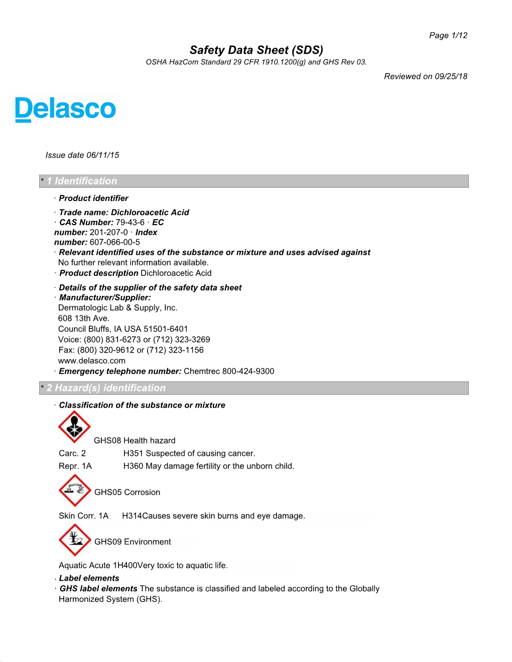 Safety Data Sheet (SDS) OSHA Hazcom Standard 29 CFR 1910.1200(G) and GHS Rev 03