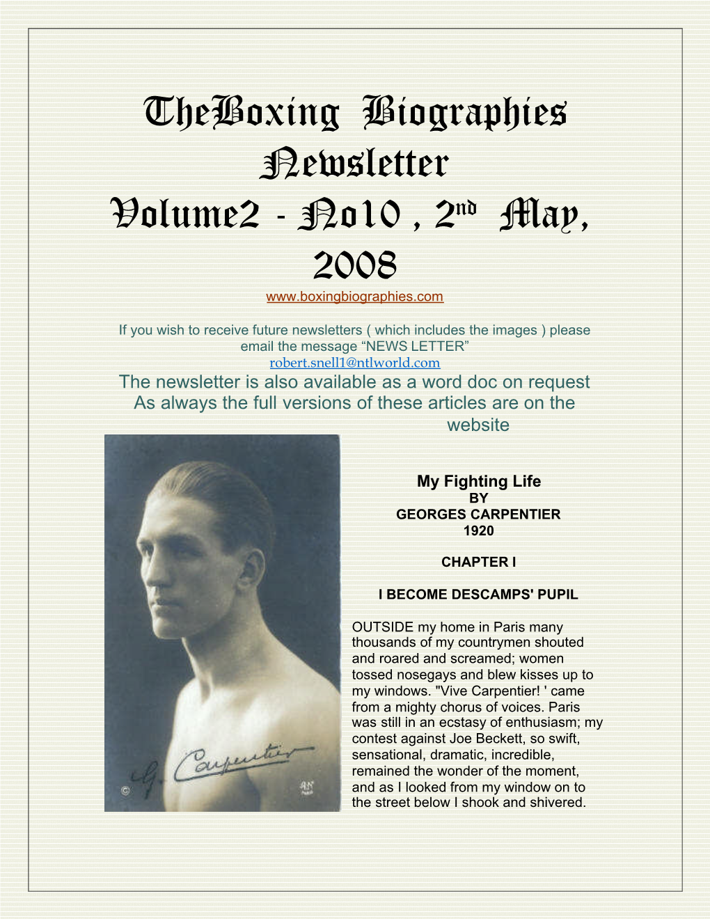 Theboxing Biographies Newsletter Volume2 - No10 , 2Nd May, 2008