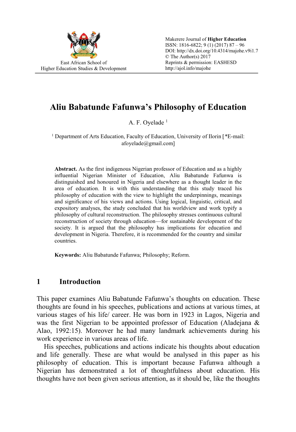 Aliu Babatunde Fafunwa's Philosophy of Education