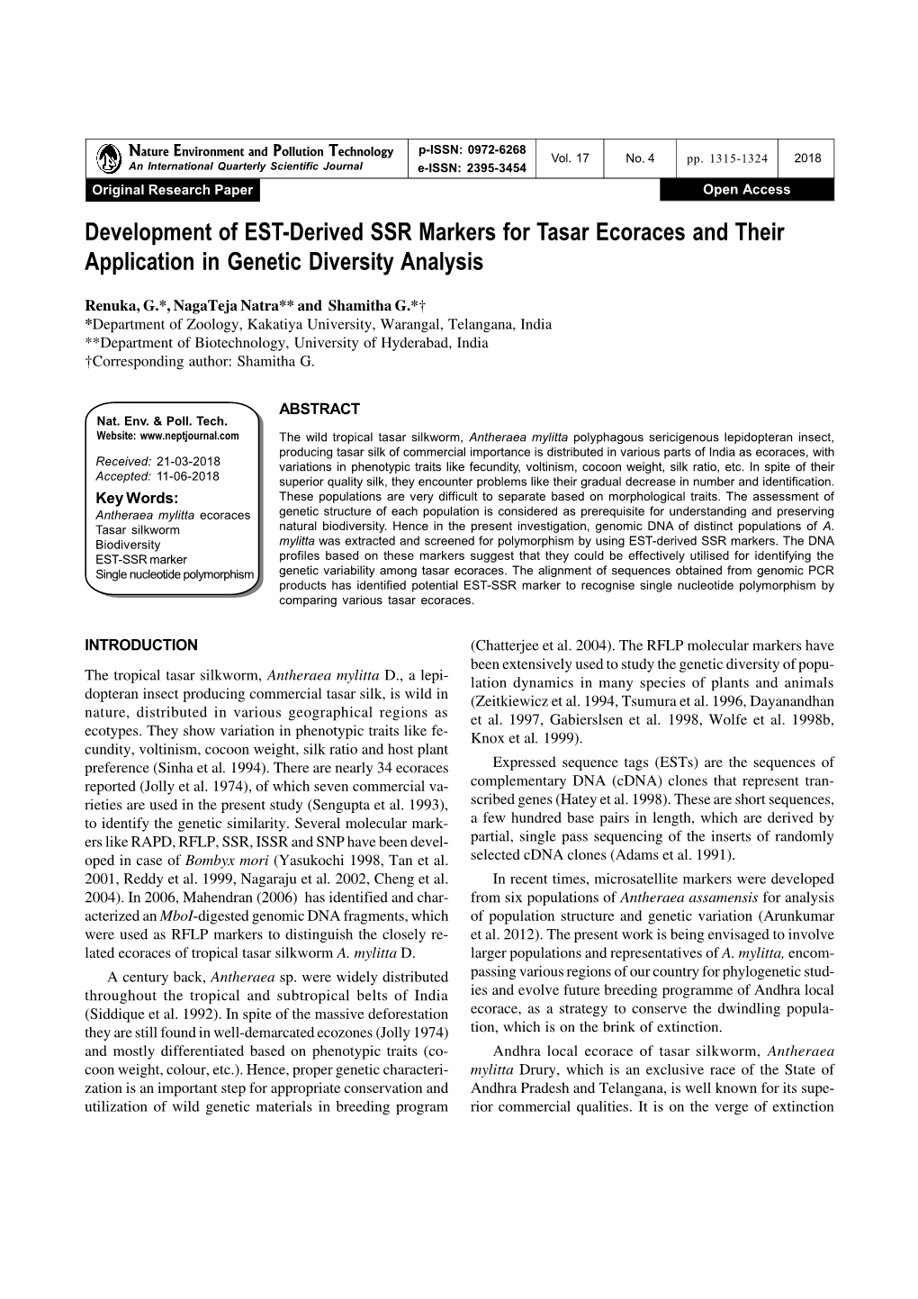 Development of EST-Derived SSR Markers for Tasar Ecoraces and Their Application in Genetic Diversity Analysis