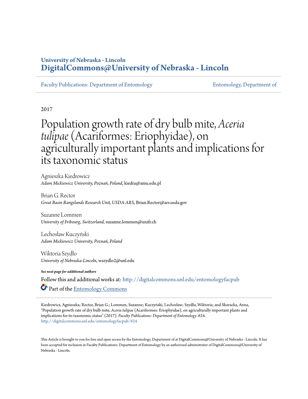 Population Growth Rate of Dry Bulb Mite, <I>Aceria Tulipae</I>