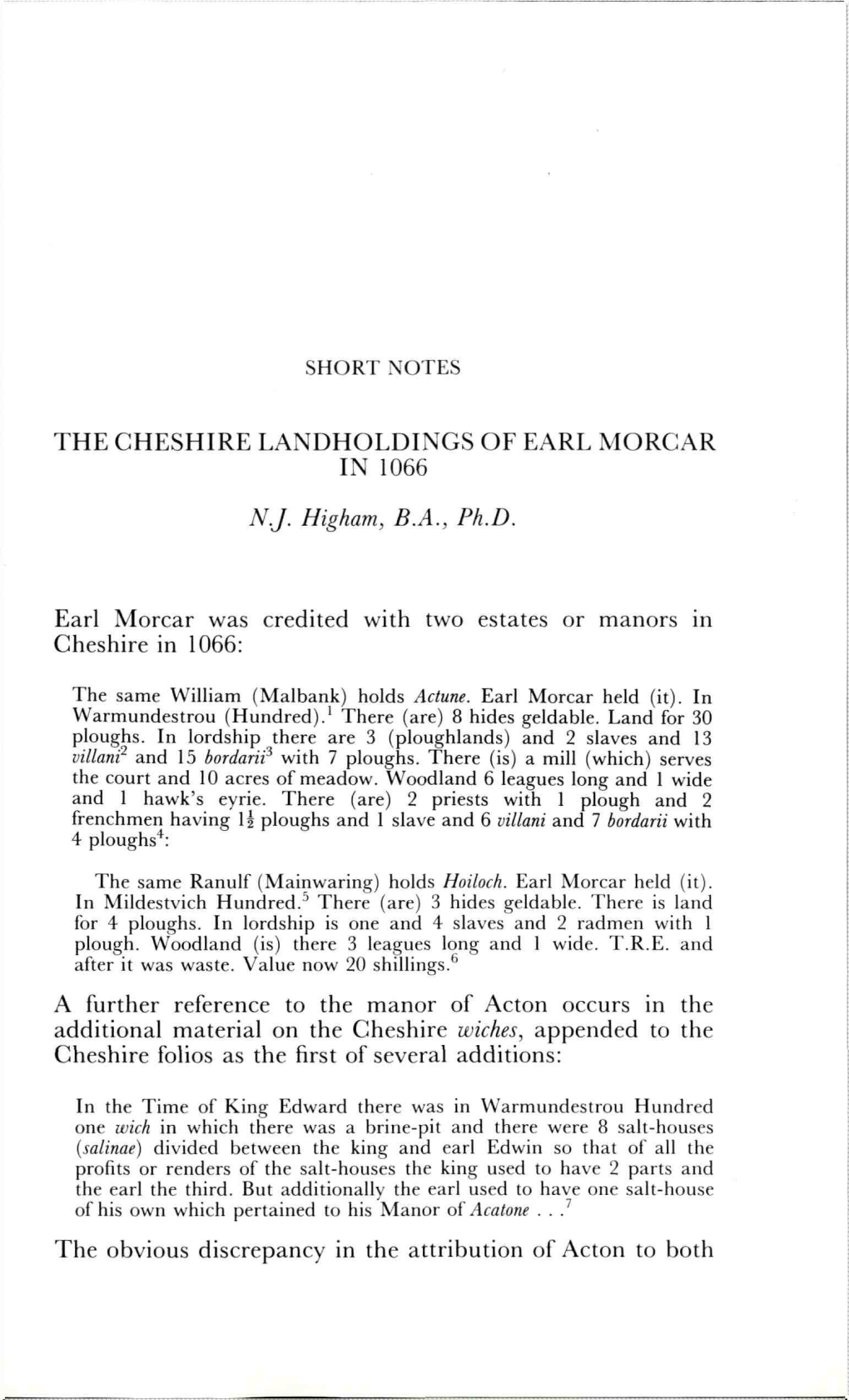 The Cheshire Landholdings of Earl Morcar in 1066