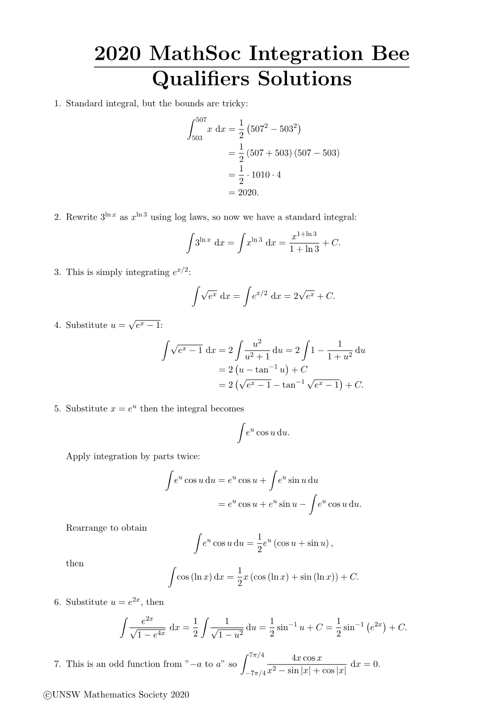 2020 Mathsoc Integration Bee Qualifiers Solutions