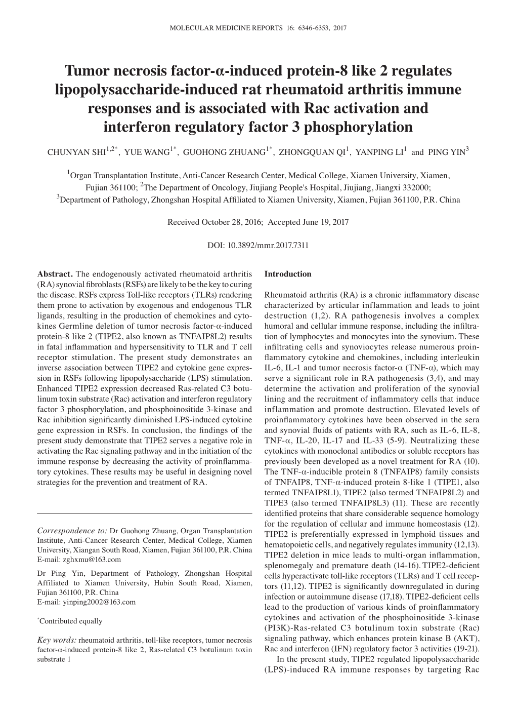 Tumor Necrosis Factor‑Α‑Induced Protein‑8 Like 2 Regulates